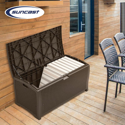 Suncast DBW9200 99 Gallon Outdoor Wicker resin Patio Storage Chest Bin with Handles for Patio, Garden, Garage, or Pool for All Weather, Mocha