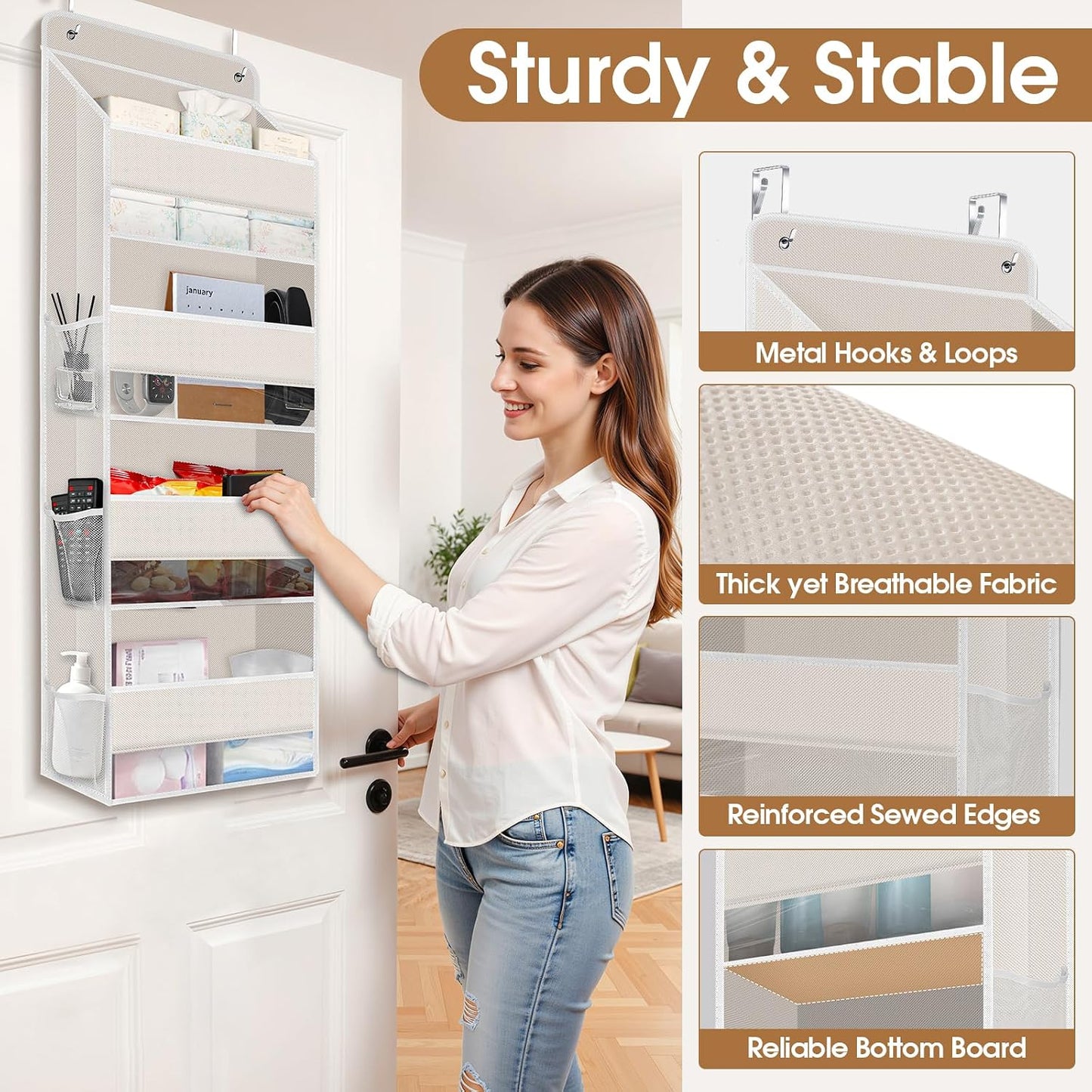 WISELIFE Over The Door Organizer Storage with 4 Large Pockets Door Hanging Organizer with Clear Windows behind The Door Storage for Nursery Bedroom Bathroom Pantry Closet and Baby Essentials Dark Grey