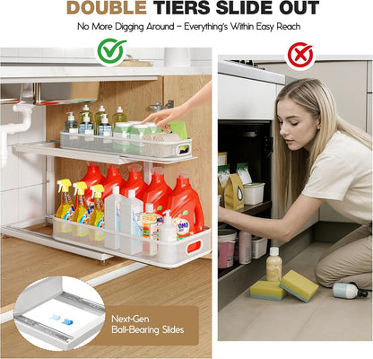2-Pack Under Sink Storage Organizer with 2-Tier Slide Out Drawer, Sophisticated Mesh Pull Out Shelf for Kitchen & Bathroom, Fits Small Items, Upgraded Arched Track for Smooth Gliding(Patented)