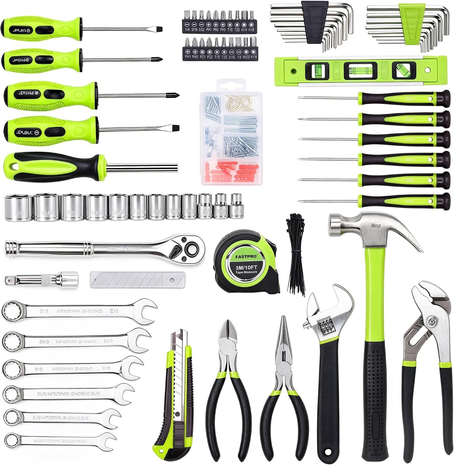 FASTPRO 236-Piece Home Repairing Tool Set, Mechanics Hand Tool Kit with 12-Inch Wide Mouth Open Storage Bag, Household Tool Set for DIY, Home Maintenance, Green