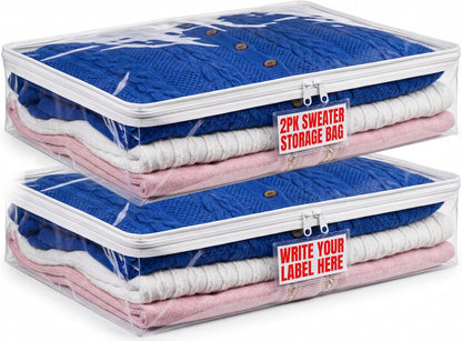 Masirs Clear Blanket Storage Bag (2-Pack) - Vinyl Clothing Organizers with Zipper & Label Pocket - Protects from Dust, Moisture & Dirt - Ideal for Underbed Storage Sheets, Comforters & Bedding