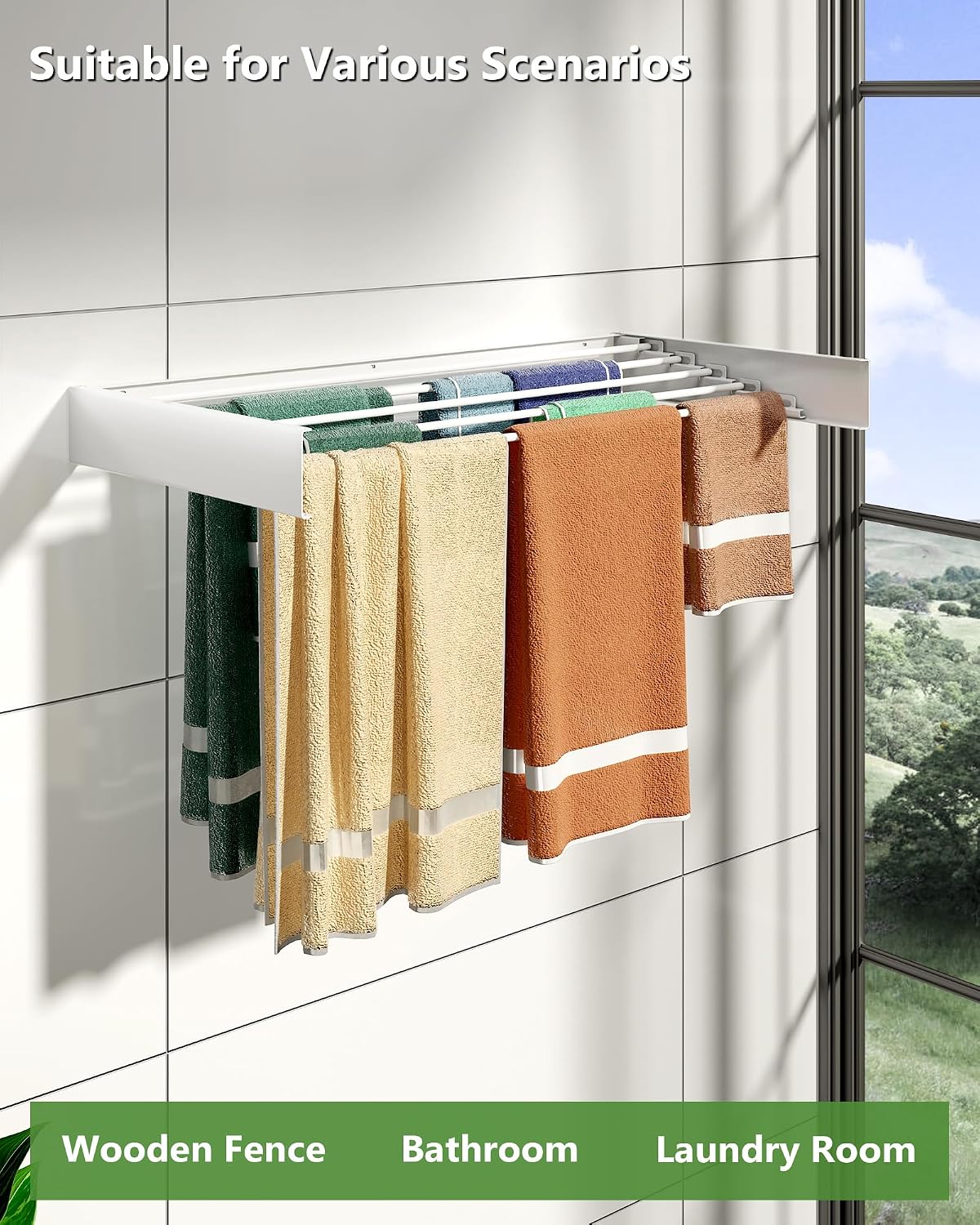 Wall Mounted Drying Rack 31.5", 5 Aluminum Poles, 60 lb. Load Capacity, Foldable, Retractable, Space Saving Clothes Drying Rack (31.5" White)