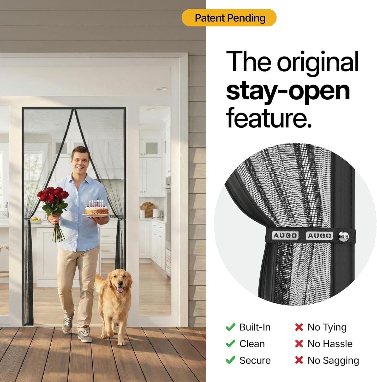 AUGO Heavy Duty Magnetic Screen Door – Fiberglass Pet Resistant Mesh, Self Sealing Hands Free Magnetic Closure, Tear Resistant Door Screen Keeps Bugs Out, Patent Pending Keep Open Feature – 38” x 83”