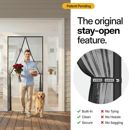 AUGO Heavy Duty Magnetic Screen Door – Fiberglass Pet Resistant Mesh, Self Sealing Hands Free Magnetic Closure, Tear Resistant Door Screen Keeps Bugs Out, Patent Pending Keep Open Feature – 38” x 83”