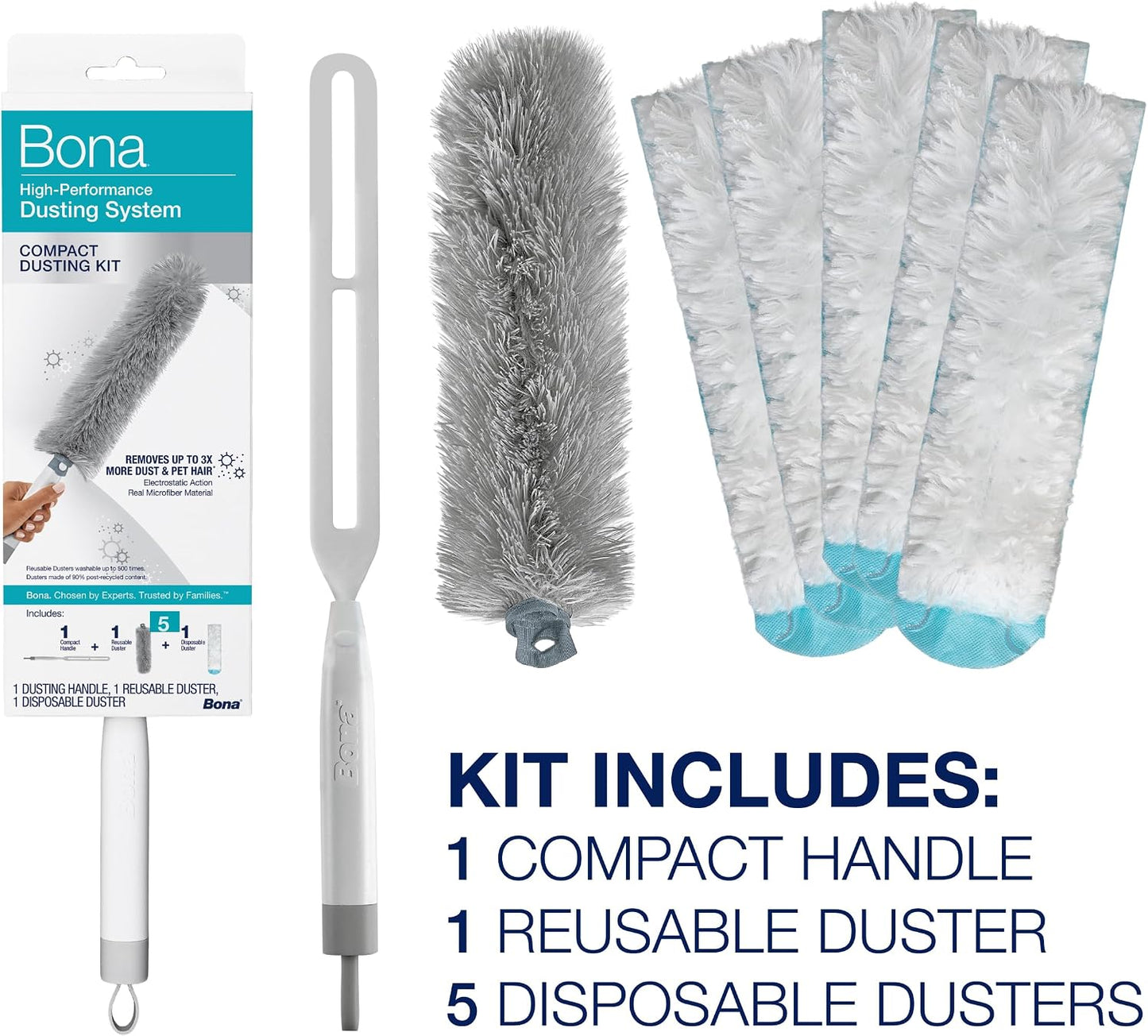 Bona High Performance Dusting System - 1 Extendable Handle, 3 Disposable Dusters, 1 Reusable Duster, & 1 Storage Bag - Extendable Dusting Kit
