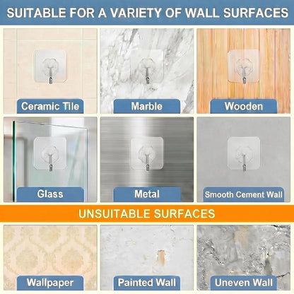 Wall Hooks - 33 lbs Max, Transparent, Seamless, Waterproof & Oilproof, Heavy Duty Adhesive Coat & Towel Hooks (10 Pack)