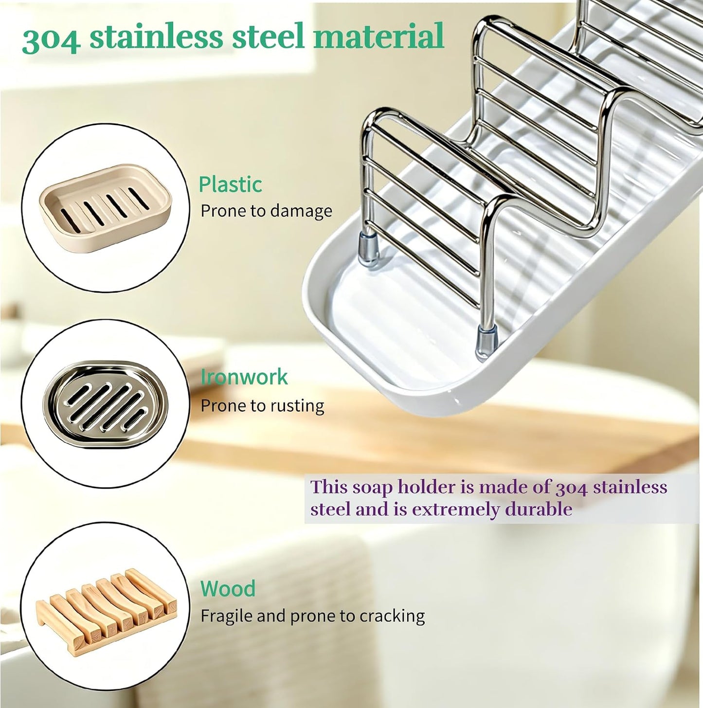 304 Stainless Steel Wavy Soap Dish, Self Draining Shampoo Bar Holder with Removable Drip Tray, Rustproof Quick Dry Bar Soap Organizer for Shower Bathroom Kitchen, Holds 2-3 Bars, 1 Pack