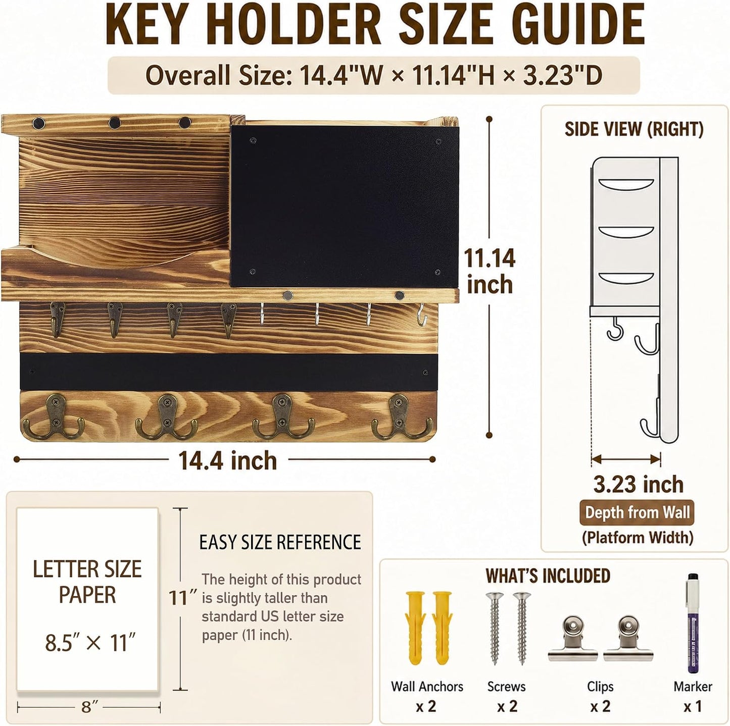 Key Holder for Wall Mount with Shelf and Mail Organizer, Key and Mail Holder with 16 Hooks, Farmhouse Entryway Organizer, Home Decor Rack (Pine Wood, Black)