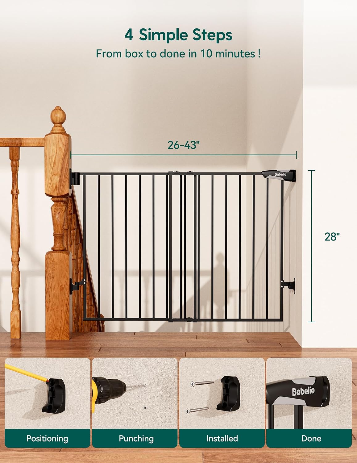 Babelio Baby Gate for Stairs, Kitchen & Doorways, No Bottom Bar| One-Handed Operation| Auto-Close| Hardware Mount (Drill Needed) Safety Dog/Pet Gate (Black - B17, 26-43" W, 28" H)