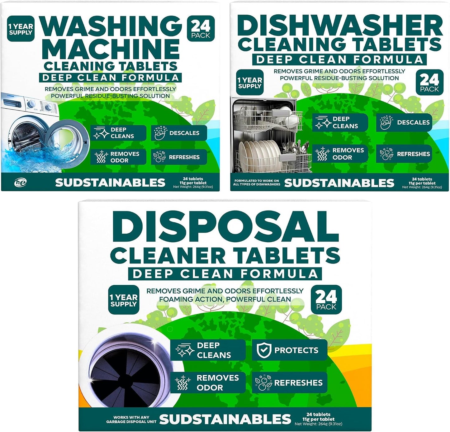 Garbage Disposal, Dishwasher Cleaner, and Washing Machine Cleaner Tablets bundle
