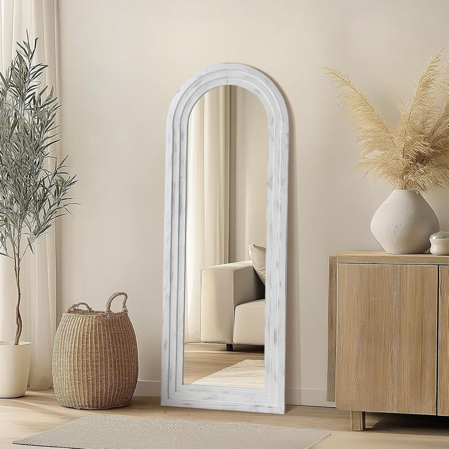 MELOMOIR Arched Full Length Mirror with Solid Wood Frame, 56"x21" Rustic Farmhouse Floor Mirror with Stand, Free Standing Leaning Hanging, for Bedroom Living Room Dressing Room Entryway, Brown