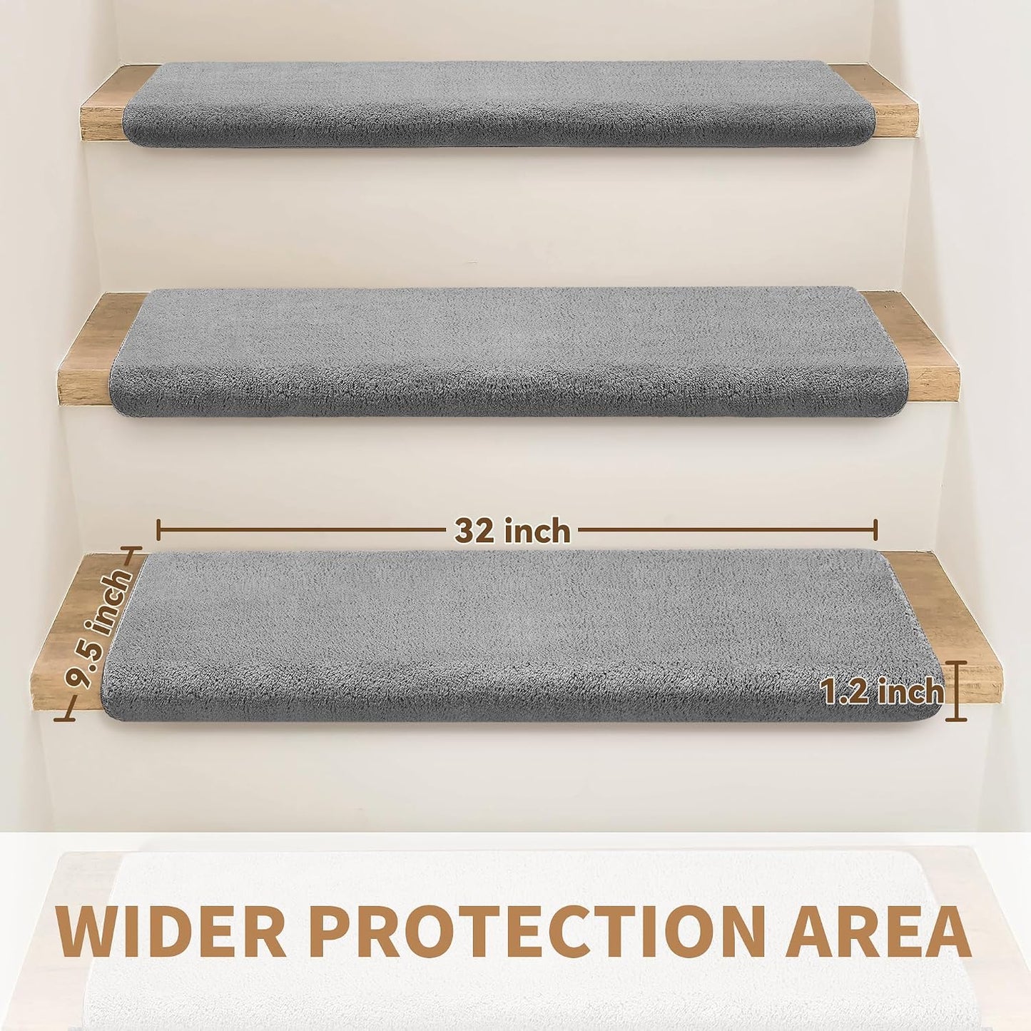 Bullnose Stair Treads Non Slip 9.5" x 32", 14 Pcs Ultra Plush Carpet Stair Treads for Wooden Steps Indoor with Edge Protection, Reusable Peel and Stick TPU Backing Stair Runner Rugs - Beige Gray