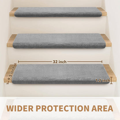 Bullnose Stair Treads Non Slip 9.5" x 32", 14 Pcs Ultra Plush Carpet Stair Treads for Wooden Steps Indoor with Edge Protection, Reusable Peel and Stick TPU Backing Stair Runner Rugs - Beige Gray
