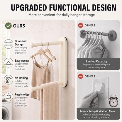 Foldable Clothes Rack No Drill - Heavy Duty Suction Cup Wall Mounted Drying Rack for Laundry, Space Saving Adhesive Hanger for Apartment, Bathroom (Holds 5.5lbs) (Milky White)