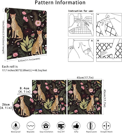 Floralplus Peel and Stick Wallpaper Leopard Jungle Removable Wallpaper for Bathroom Renter Friendly Wallpapers Self Adhesive Animal Floral Contact Paper for Accent Wall 17.5 x 118 in