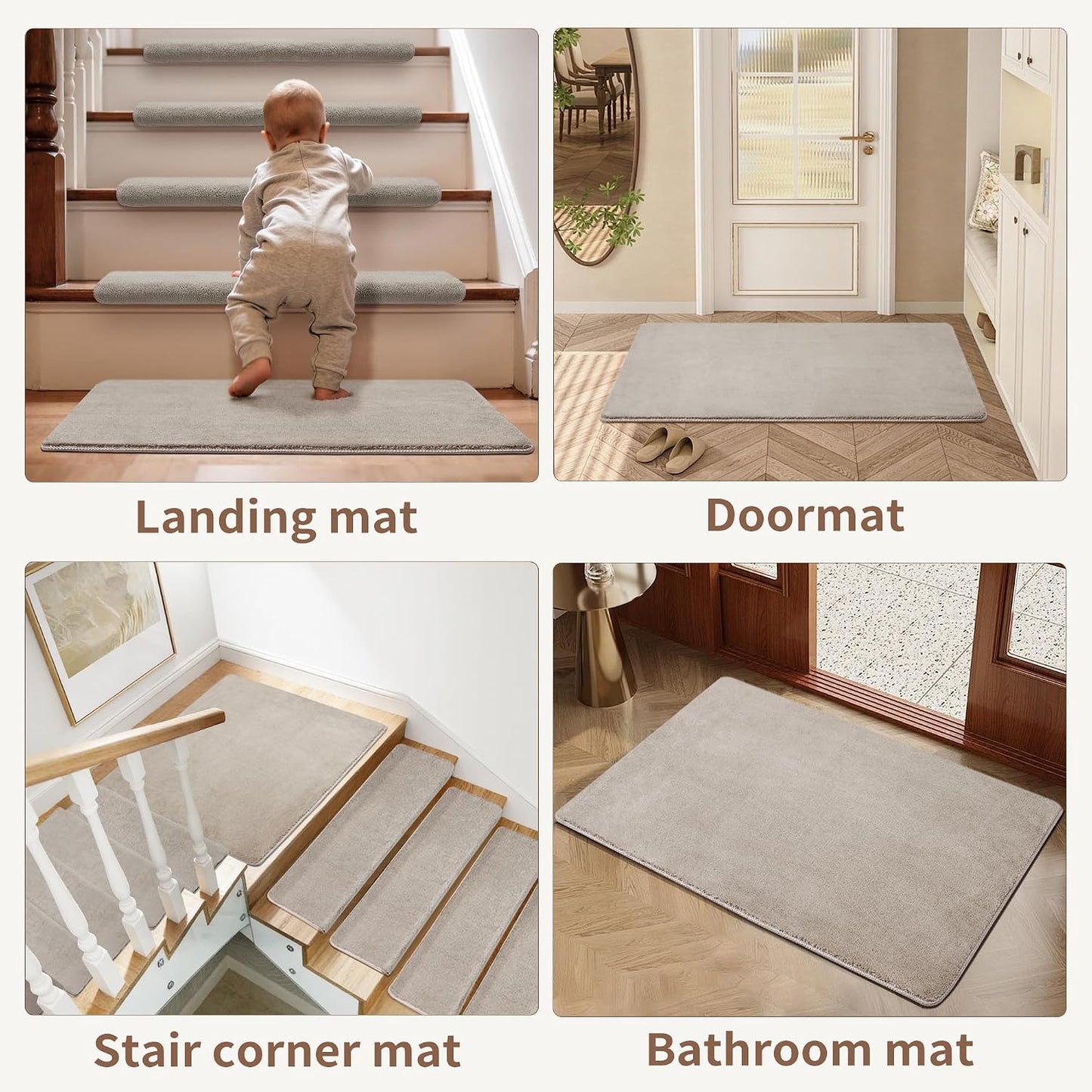 Bullnose Stair Treads Non Slip 9.5" x 32", 14 Pcs Ultra Plush Carpet Stair Treads for Wooden Steps Indoor with Edge Protection, Reusable Peel and Stick TPU Backing Stair Runner Rugs - Beige Gray