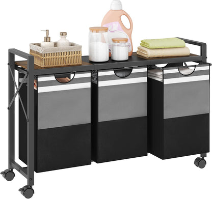 FAVOOSTY Laundry Sorter with Shelf,Laundry Basket Organizer,Laundry Hamper with Shelf, 3 ×11 Gal（50L）3 Section Laundry Sorter with Pull-Out Removable Oxford Fabric Bags and Movable Wheels Grey Black
