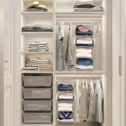 MAX Houser 4-Shelf Hanging Closet Organizer, Space Saver, Cloth Hanging Shelves with 2 Side Pockets, Foldable (Beige)
