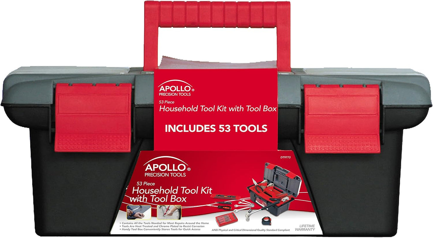 Apollo Tools 53 Piece Household Tool Set Includes Tools and Tool Box with a Selection of Most Needed Tools for Basic DIY Repairs, Maintenance and Crafts - Red