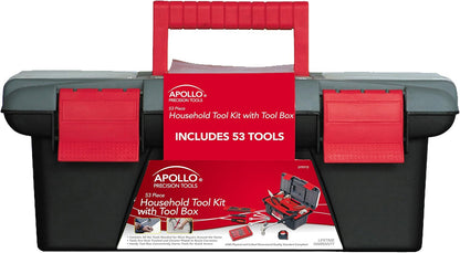 Apollo Tools 53 Piece Household Tool Set Includes Tools and Tool Box with a Selection of Most Needed Tools for Basic DIY Repairs, Maintenance and Crafts - Red