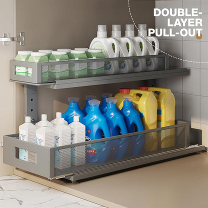 2 Pack Under Sink Organizer with Next-Gen Ball-Bearing Slides,2-Tier Pull Out Cabinet Storage,Height Adjustable Drawer Shelf for Bathroom,Kitchen,Laundry,Cabinet,Pantry(Patent Pending)