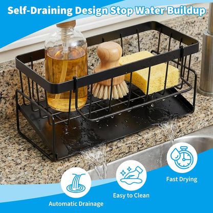 Dish Soap Holder - Kitchen Sink Caddy Organizer, Kitchen Countertop Organizer, with Stainless Steel Self Drain Tray, Rust-Free, for Sponge, Dish Soap Dispenser and Brush Storage Accessories, Black