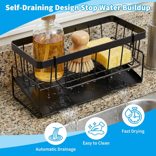 Dish Soap Holder - Kitchen Sink Caddy Organizer, Kitchen Countertop Organizer, with Stainless Steel Self Drain Tray, Rust-Free, for Sponge, Dish Soap Dispenser and Brush Storage Accessories, Black