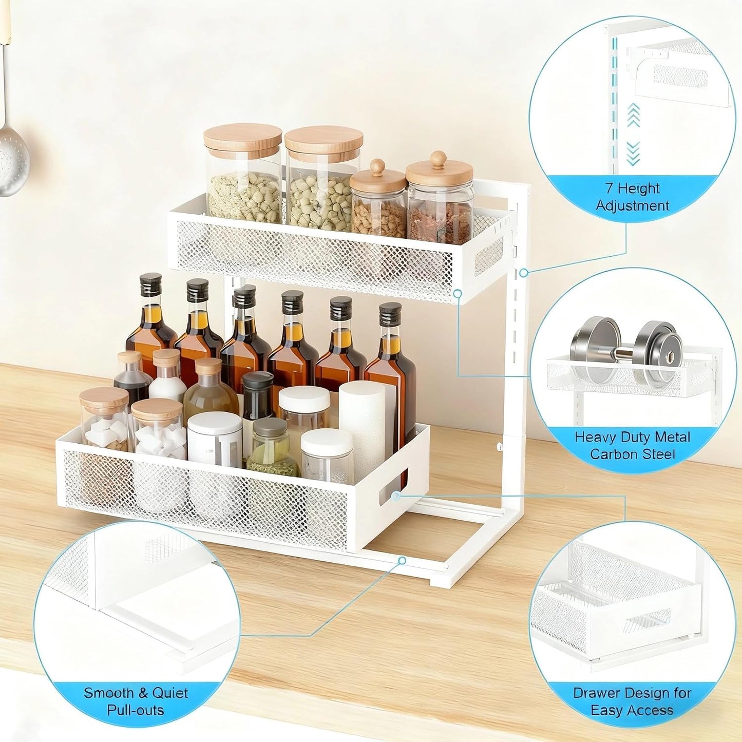 Under Sink Organizer, 2 Tier Pull-Out Cabinet Storage Shelf, Rust-Resistant Metal Organizer for Kitchen Bathroom Laundry Room, No Tools Installation, 1 Pack Black