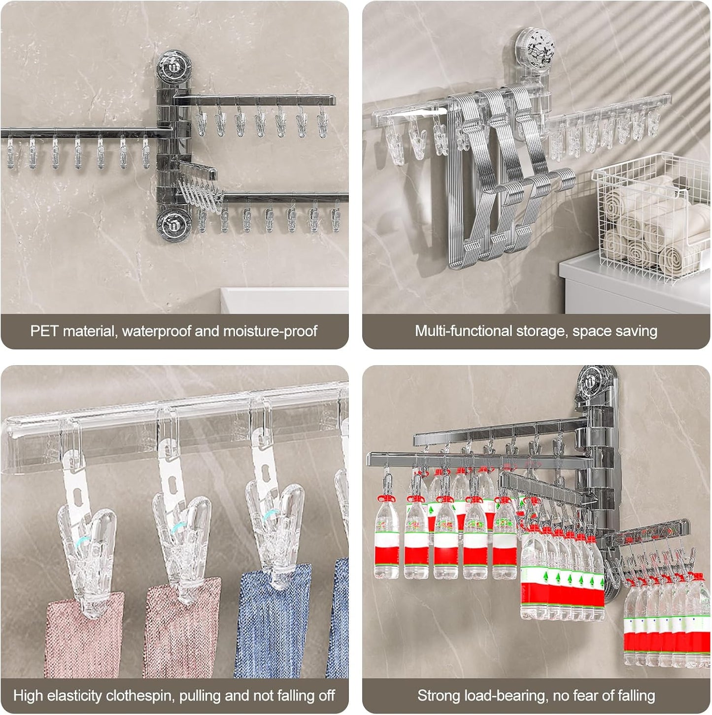 Clothes Drying Rack Wall Mounted, Clothes Drying Rack Folding with Clip, 180° Rotation, Balcony Drying Rack Dryer, Space Saver for Socks, Underwear, Rags, Towels