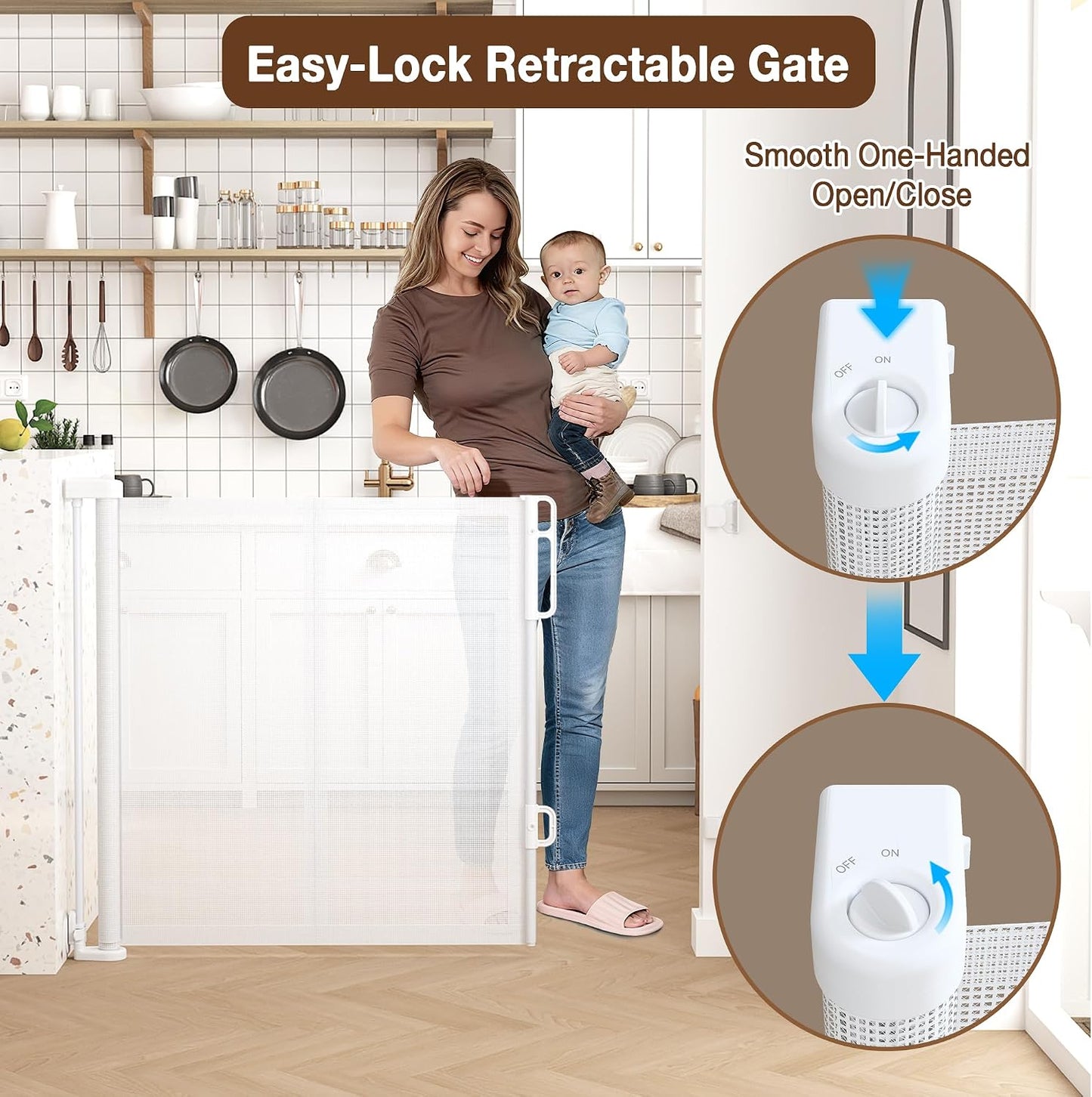 Reinforced 120" Extra Wide Retractable Baby Gates for Stairs, Mesh Saftey Gate for Pets, 10 Foot Retractable Dog Gate, No Drilling, One-Hand Operation, Retractable Gate for Indoor & Outdoor Use