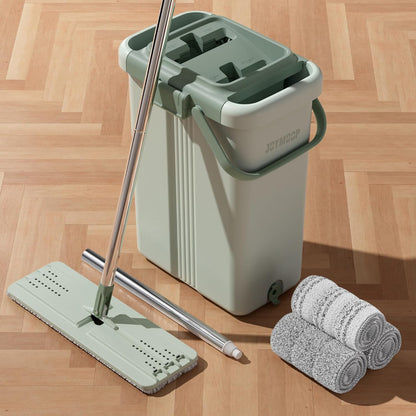 JOYMOOP Mop and Bucket Set, Flat Mops for Floor & Wall Cleaning, Commercial & Household Use, Hardwood Floor Mop with Long Handle & 4 Microfiber Pads
