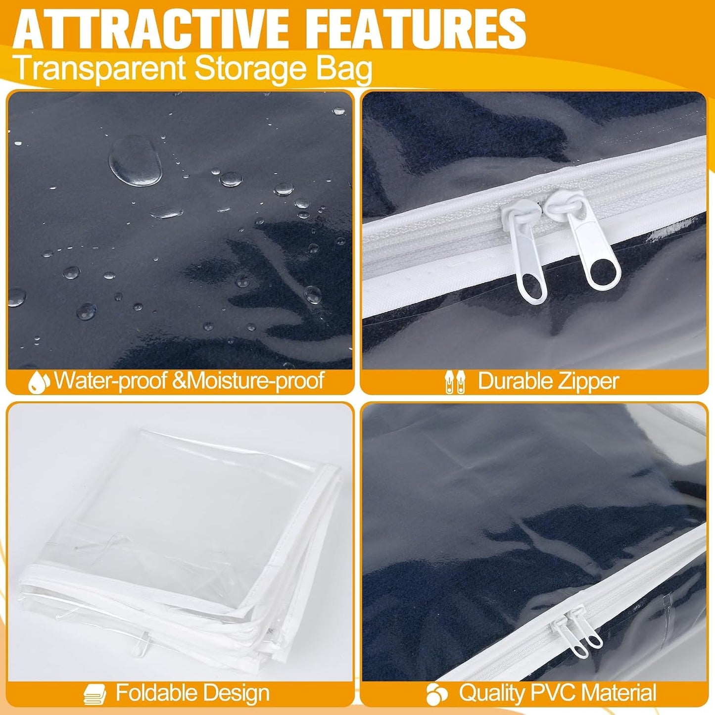 Plastic Storage Bags with Easy-Glide Zipper, Pack of 8, Durable Clear Vinyl Zippered Storage Bags for Clothes Sweaters Comforters Blankets Sheets Bedding (15.7 x 13.8 x 3.9 Inch, White)