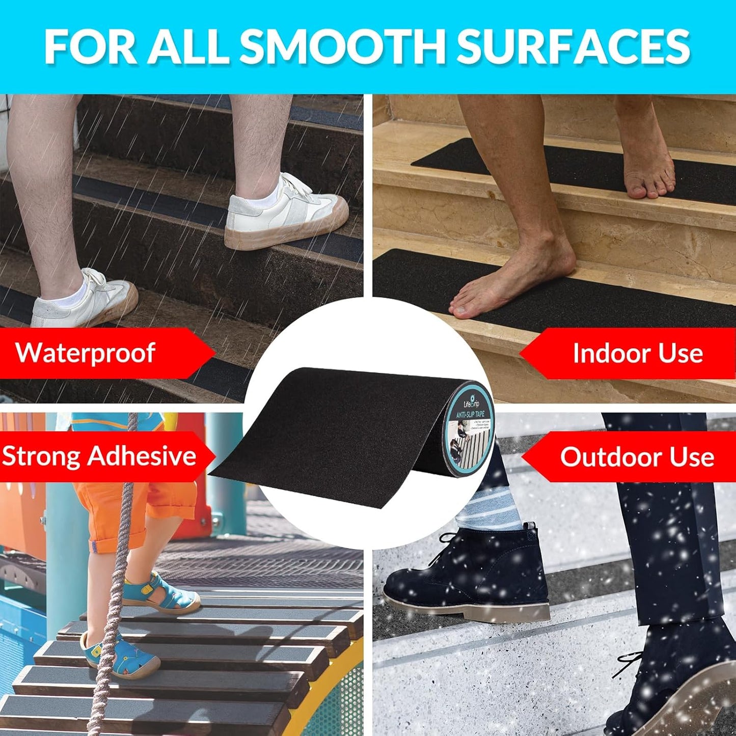 Lifegrip Anti Slip Tape, 4 Inch x 15 Foot Non-Slip Traction Grip Tape for Stairs, Waterproof Stair Treads Grip Non Slip, Non Skid Tape for Steps, Outdoor Black Grip Tape (4" X 15')