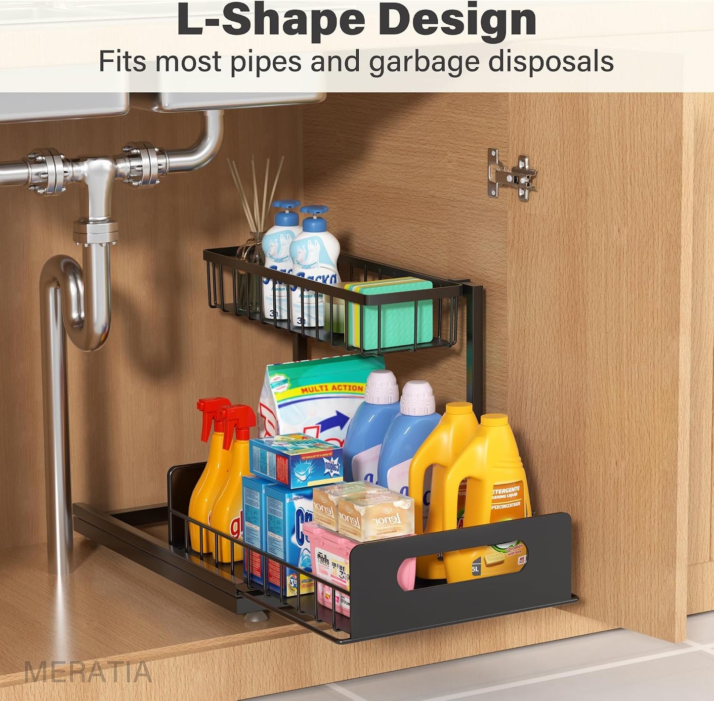Sturdy Metal Under Sink Organizer 2 Tier, Pull Out Drawer Slides Under Sink Storage for Bathroom Kitchen, Multi-Purpose Iron Under Cabinet Organizer for Cleaning Supplies (Black, 2 Pack)
