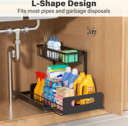 Sturdy Metal Under Sink Organizer 2 Tier, Pull Out Drawer Slides Under Sink Storage for Bathroom Kitchen, Multi-Purpose Iron Under Cabinet Organizer for Cleaning Supplies (Black, 2 Pack)