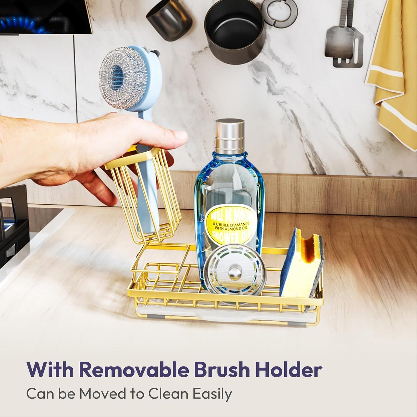SWTYMIKI Sink Caddy Sponge Holder - Kitchen Sink Organizer with High Brush Holder for Countertop to Hold Dish Soaps and Sponges, Stainless Steel, Black