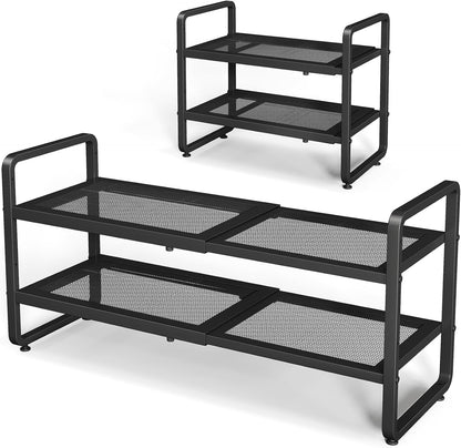 SNTD Shoe Rack - Expandable Shoe Organizer for Closet, Adjustable Metal Shoe Shelf Storage, Stackable Long Shoe Stand Holder for Garage, Entryway, Door Entrance (Black, 2-Tier)