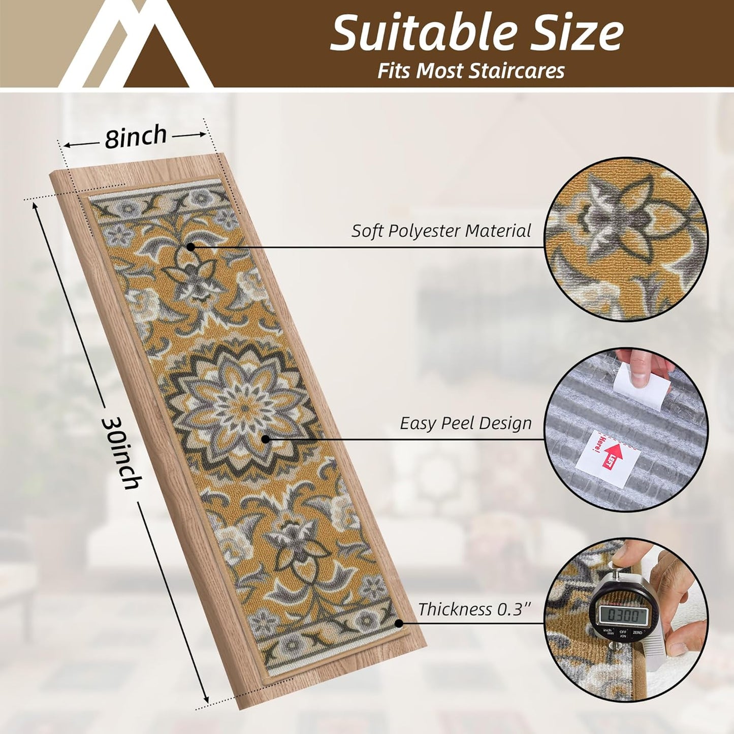 COSY HOMEER Stair Treads for Wooden Steps Non Slip Washable 8" X 30" 4pcs | Self Adhesive,Peel and Stick,Soft Carpet Stair Treads for Kids,Elder,Pet,Residue Free,Reusable Stair Runner,Multi-Surface Use