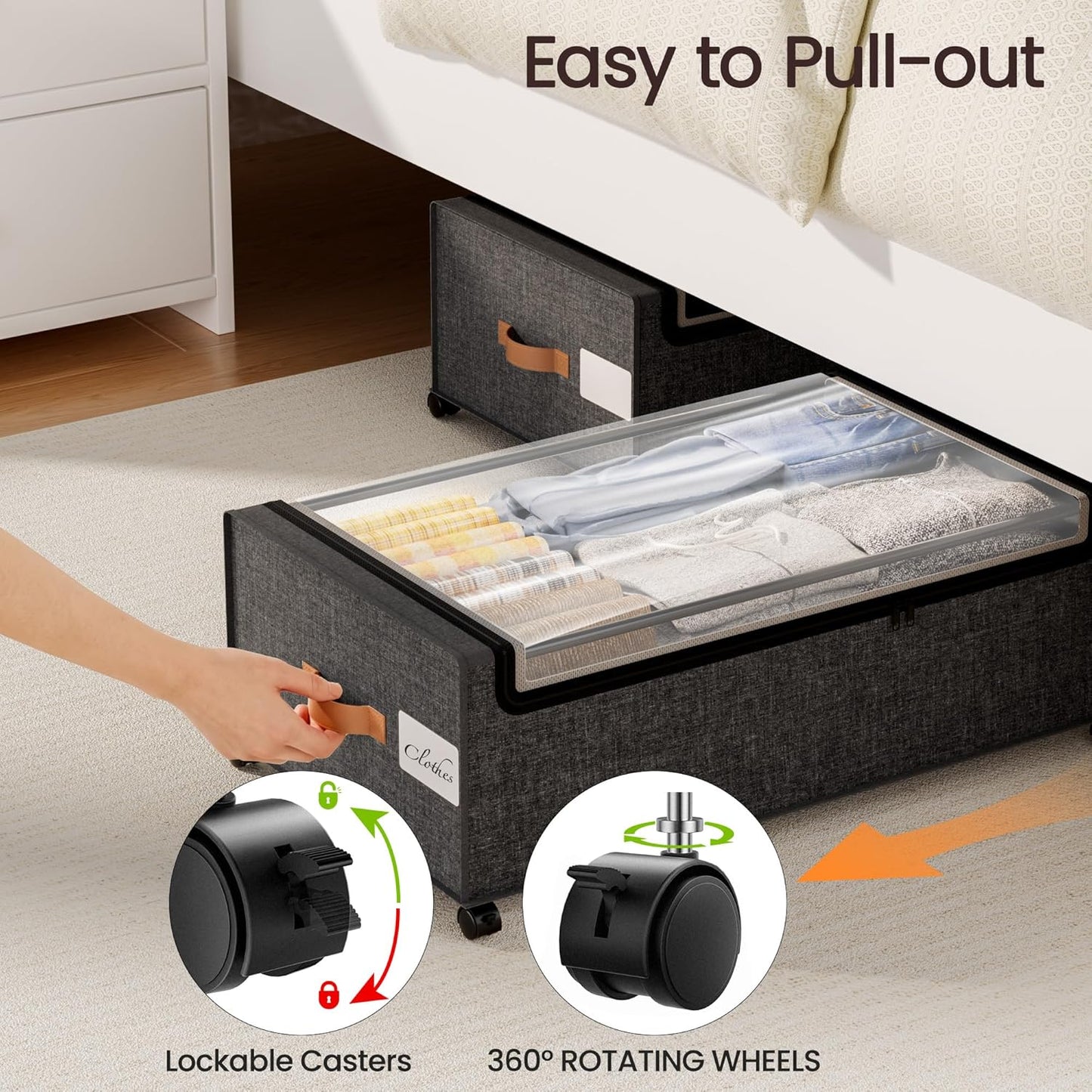 Yecaye Under Bed Storage with Wheels, 2 Pack Under Bed Storage Containers, 60L Underbed Shoe Storage with Clear Window & Label, Rolling Under Bed Metal Drawer for Clothes, Shoes, Books, Blankets