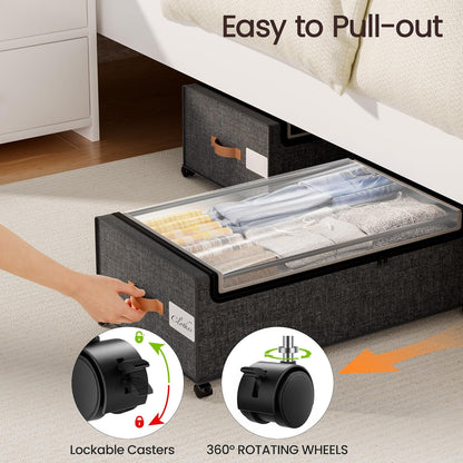 Yecaye Under Bed Storage with Wheels, 2 Pack Under Bed Storage Containers, 60L Underbed Shoe Storage with Clear Window & Label, Rolling Under Bed Metal Drawer for Clothes, Shoes, Books, Blankets