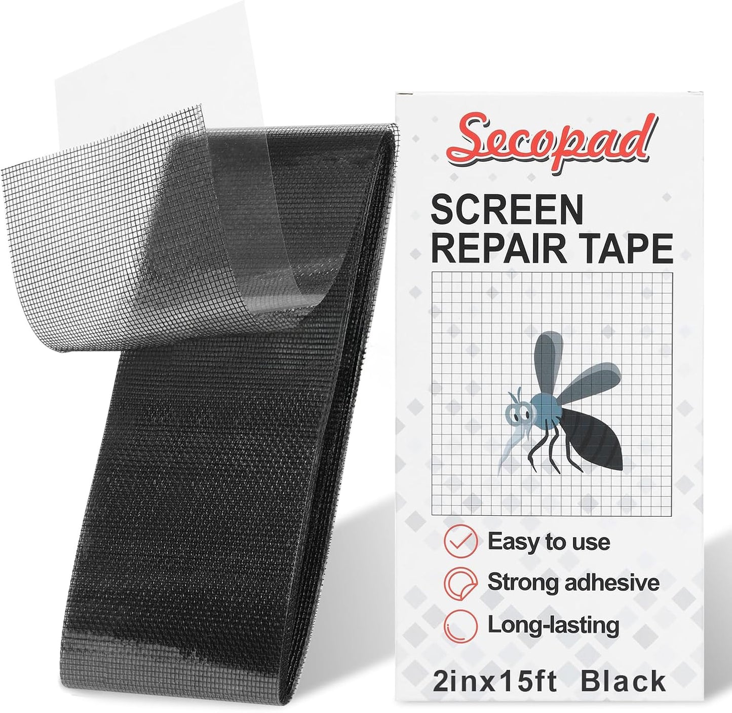 Secopad 14 Sheets 3 Size Window Screen Patches and 2 in X 15 FT Window Screen Repair Tape, Black