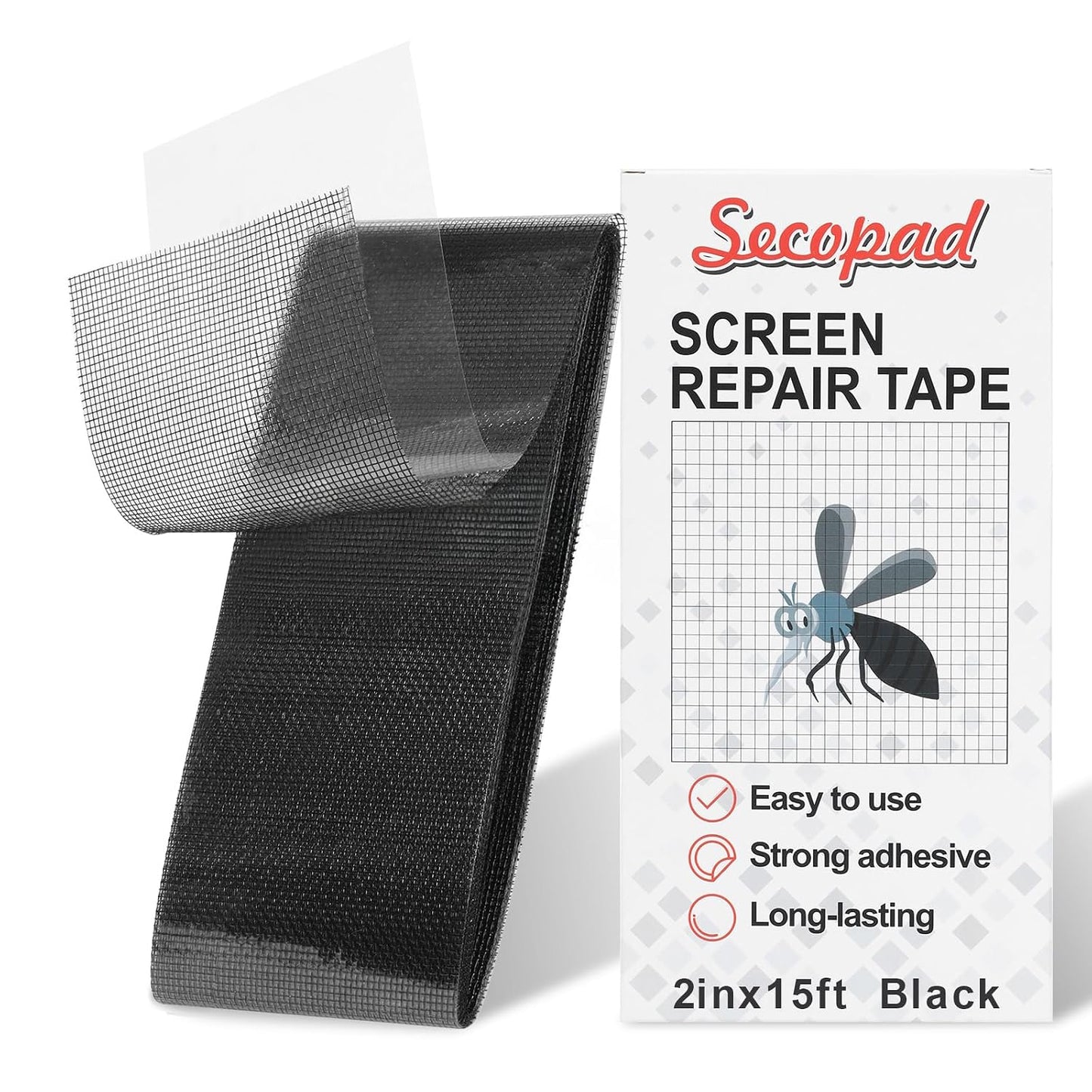 Secopad Grey Screen Repair Tape, 2" X 180" (15FT) Window Screen Door Repair Kit, Strong Adhesive Fiberglass Patch Tape Mesh