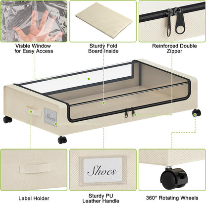 Tututry Under Bed Storage with Wheels, XXL 60L Under the Bed Storage Bins, Underbed Storage Containers with Lids & Label, Rolling Metal Drawer for Shoes, Clothes, Books, Toys (2-Pack Gray)
