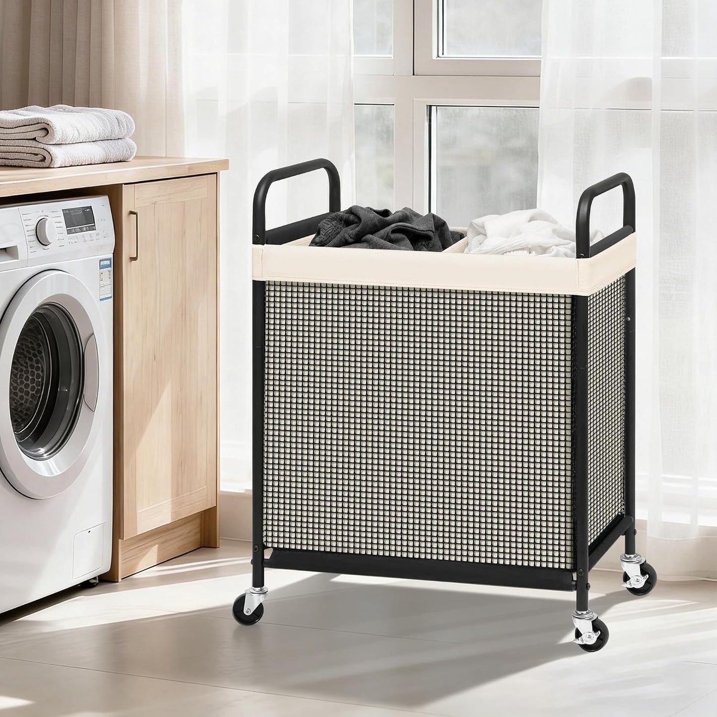 STORAGE MANIAC Rolling Laundry Hamper with Wheels 3-Section Laundry Sorter Rolling Laundrys Basket on Wheels with Removable Bag Clothes Hamper Laundrys Organizer Cart Bathroom Bedroom 120L Beige