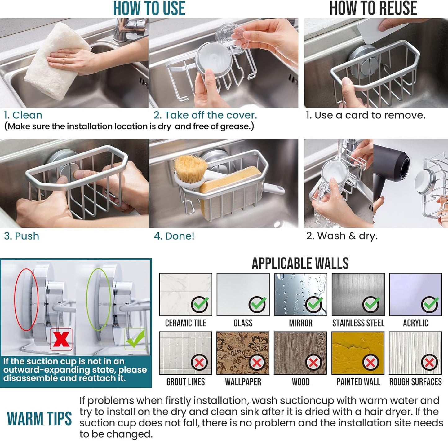 TAILI Sponge Holder with Strong Suction Cup, Dish Sponge Caddy Inside Sink Removable, Rustproof Aluminum for Sponges, Brushes, Stoppers and Scrapers - Black