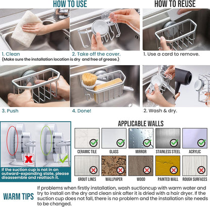 TAILI Sponge Holder with Strong Suction Cup, Dish Sponge Caddy Inside Sink Removable, Rustproof Aluminum for Sponges, Brushes, Stoppers and Scrapers - Black