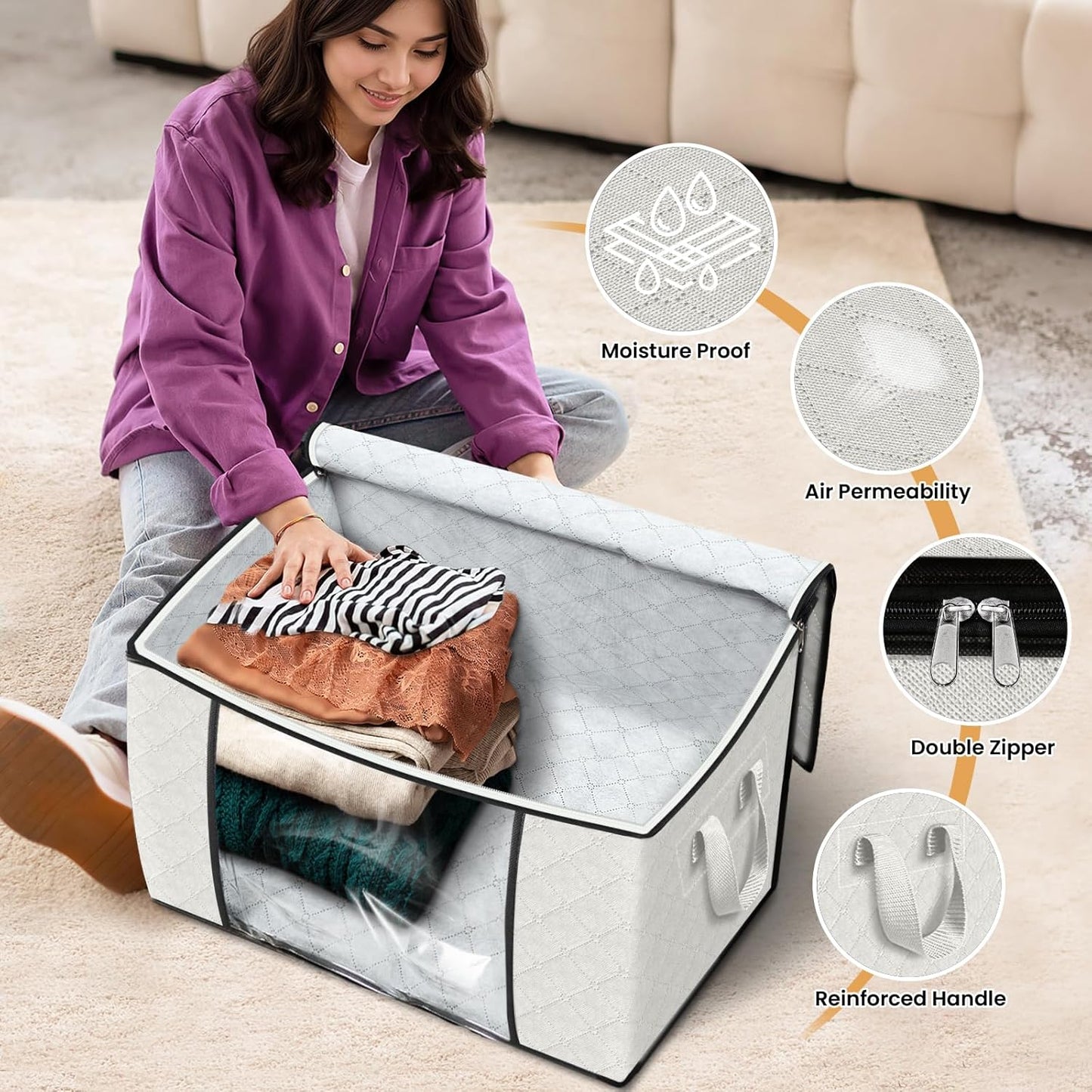 Fab totes 6 Pack Storage Bags for Clothes and Blanket, Foldable Closet Organizers and Storage with Zippers, Clear Window and Handles, Fabric Storage Bins for Sweater, Comforter, Bedding,Linen Sheets