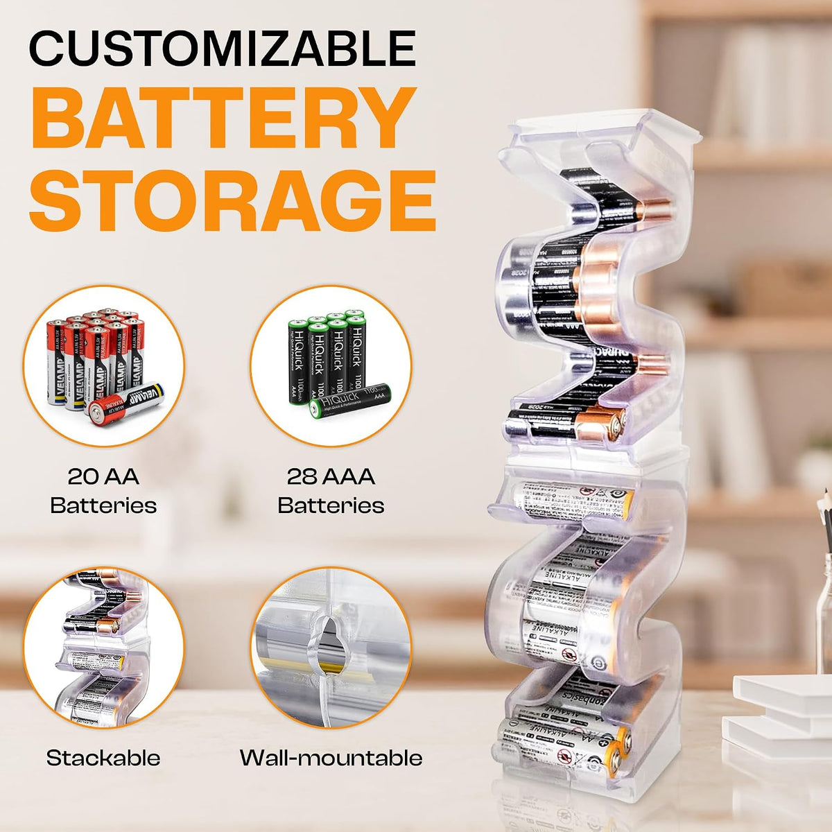 Battery Ladder Case - Battery Organizer & Dispenser (AAA & AA) | Stack It or Wall-Mount It To Dispense Batteries in First-In-First-Out Order, Tidy Storage for Home, Garage & Workshop