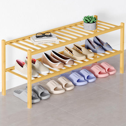Smiry Bamboo Shoe Rack for Closet, 3 Tier Wooden Shoe Organizer, Stackable Wood Shoe Storage Shelf for Entryway, 14 Vertical Slats, One-piece Heavy-Duty Legs, 26.77"x11.02"x18.31", Natural
