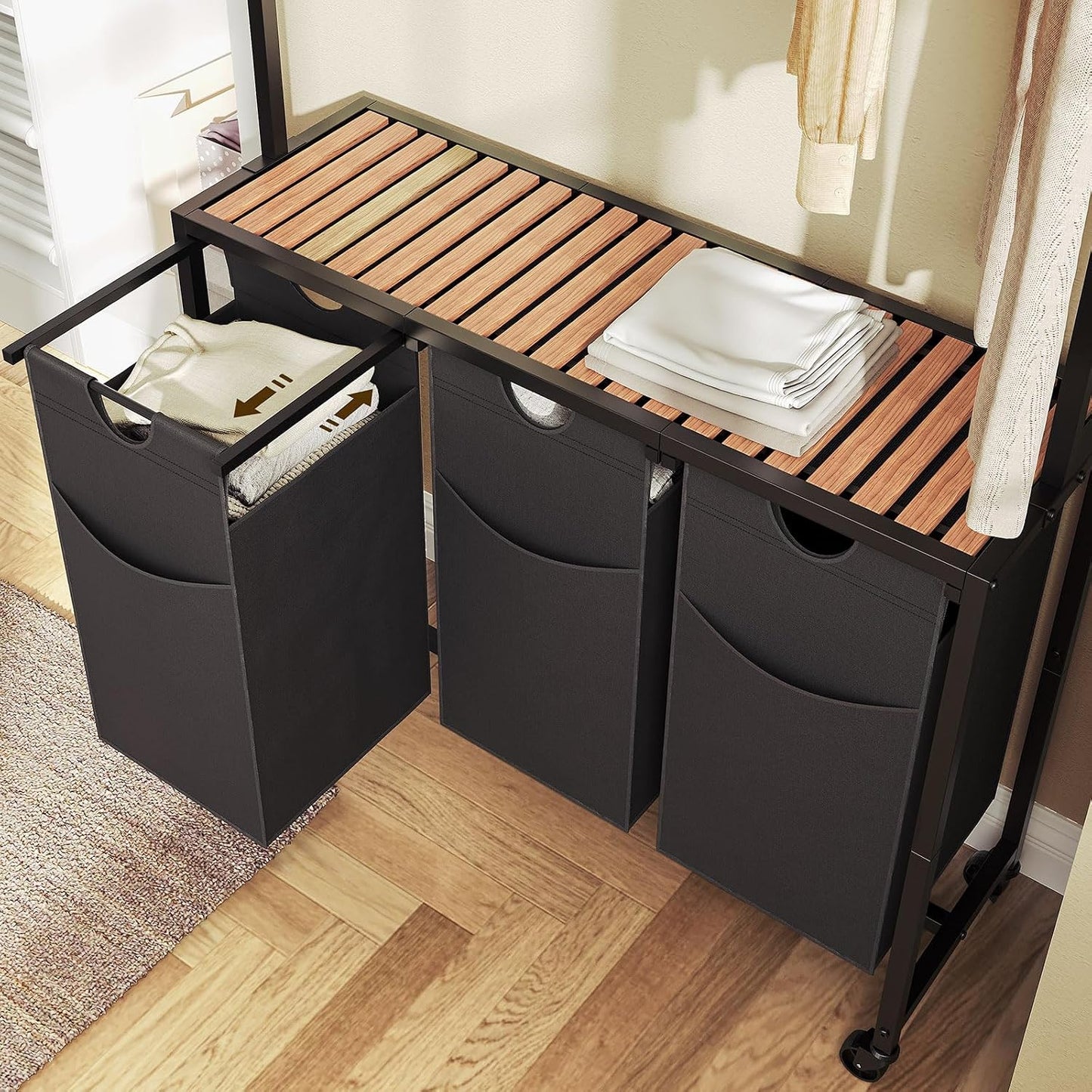 YATINEY Laundry Sorter 4 Section, Rolling Laundry Hamper with Hanging Rack, Laundry Sorter with Wheels, Hampers for Laundry, Laundry Basket Organizer for Laundry Room, Rustic Brown LS47BR